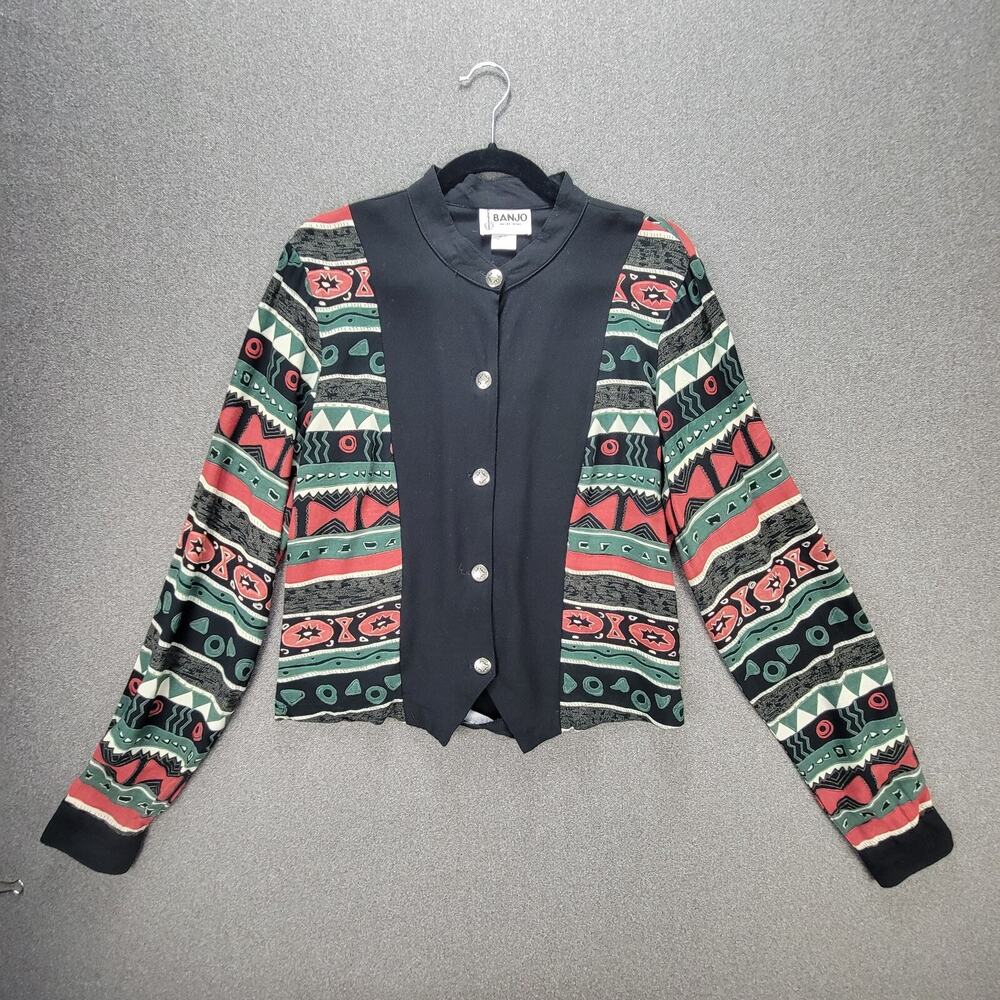 Vintage Banjo L Black Print Western Conch Southwest Aztec Buttoned Shirt
